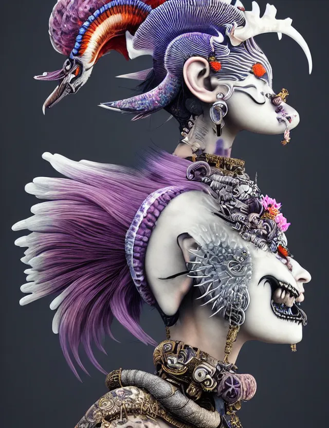 Image similar to 3 d goddess close - up profile portrait punk with mohawk with ram skull. beautiful intricately detailed japanese crow kitsune mask and clasical japanese kimono. betta fish, jellyfish phoenix, bio luminescent, plasma, ice, water, wind, creature, artwork by tooth wu and wlop and beeple and greg rutkowski