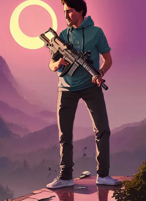 Image similar to highly detailed portrait justin trudeau in ( ( pink hoody rainbow socks ) ) holding ar - 1 5! ( setting costa rica ) in gta v stephen bliss unreal engine fantasy art by greg rutkowski loish rhads ferdinand knab makoto shinkai lois van baarle ilya kuvshinov rossdraws tom bagshaw global illumination radiant light detailed intricate environment