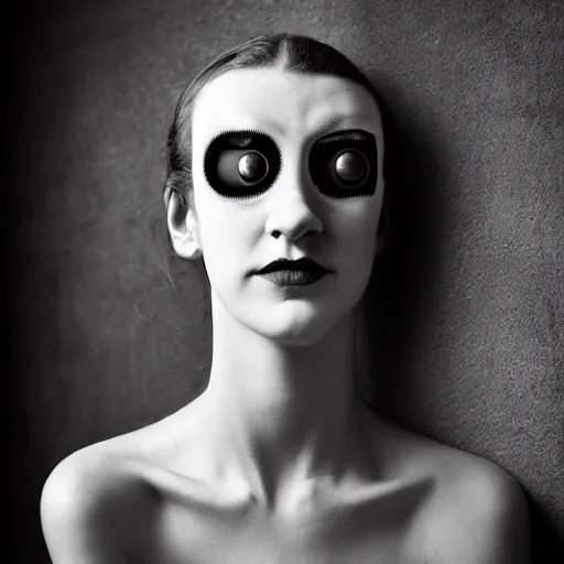 Prompt: old monochrom portrait photography of a beautiful girl with one eye, cyclops, in a victorian decor, by man ray, alfred ghisoland, gemmy woud - binendijk, erwin olaf, 4 k,