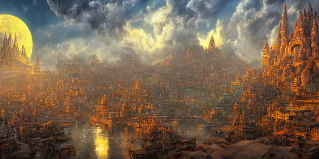 Image similar to fantasy oil painting, mega structure city of varanasi, fantasy, colossal, gate, looming, small buildings, warm lighting, street view, silhouetted figure standing overlooking, space port city, epic, distant mountains, bright clouds, luminous sky, cinematic lighting, michael cheval, michael whelan, artstation, oil painting, vray, 8 k hd