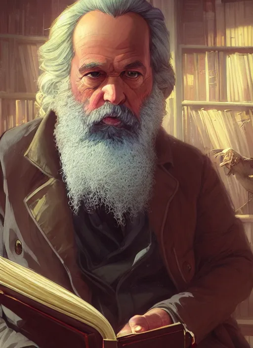 Image similar to highly detailed portrait karl marx reading a book in gta v, stephen bliss, unreal engine, fantasy art by greg rutkowski, loish, rhads, ferdinand knab, makoto shinkai and lois van baarle, ilya kuvshinov, rossdraws, tom bagshaw, global illumination, radiant light, detailed and intricate environment