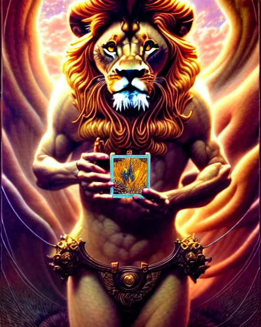 Image similar to a lion tarot card, fantasy character portrait made of fractals, ultra realistic, wide angle, intricate details, the fifth element artifacts, highly detailed by peter mohrbacher, hajime sorayama, wayne barlowe, boris vallejo, aaron horkey, gaston bussiere, craig mullins