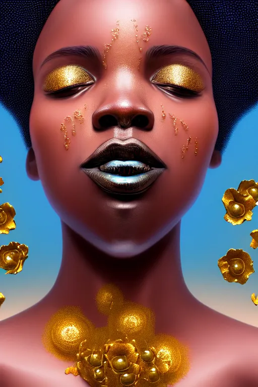 Prompt: hyperrealistic precisionist cinematic profile very expressive! black oshun goddess, in water! up to shoulders, mirror dripping droplet!, gold flowers, highly detailed face, digital art masterpiece, smooth eric zener cam de leon, dramatic pearlescent turquoise light on one side, over the shoulder uhd 8 k, tilt shift