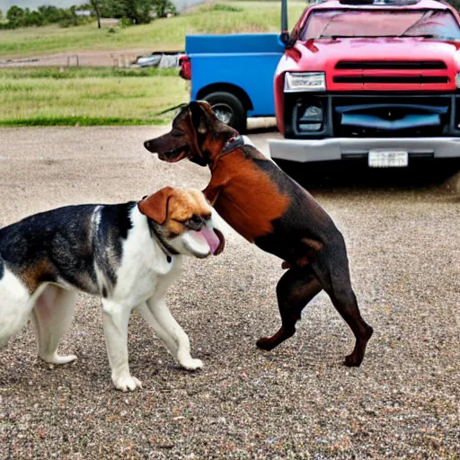 Prompt: a dog pulling a truck