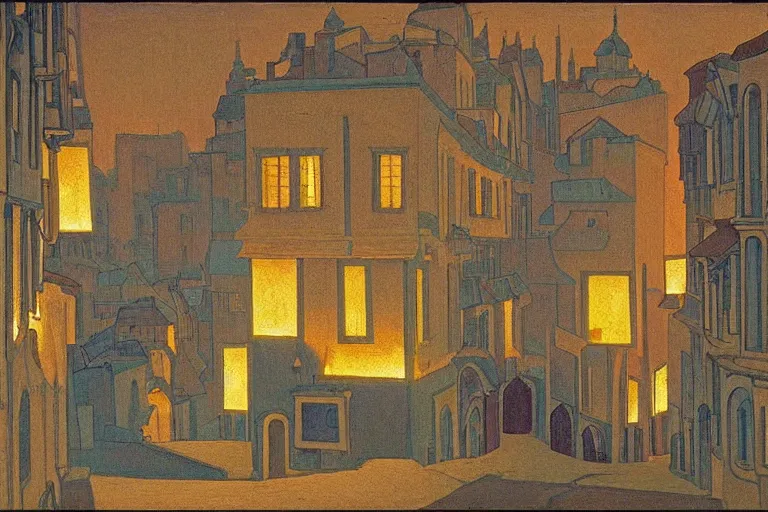 Image similar to winding street at twilight in a very old city by George Price Boyce and Nicholas Roerich and jean delville, glowing paper lanterns, strong dramatic cinematic lighting , ornate tiled architecture, lost civilizations, smooth, sharp focus, extremely detailed