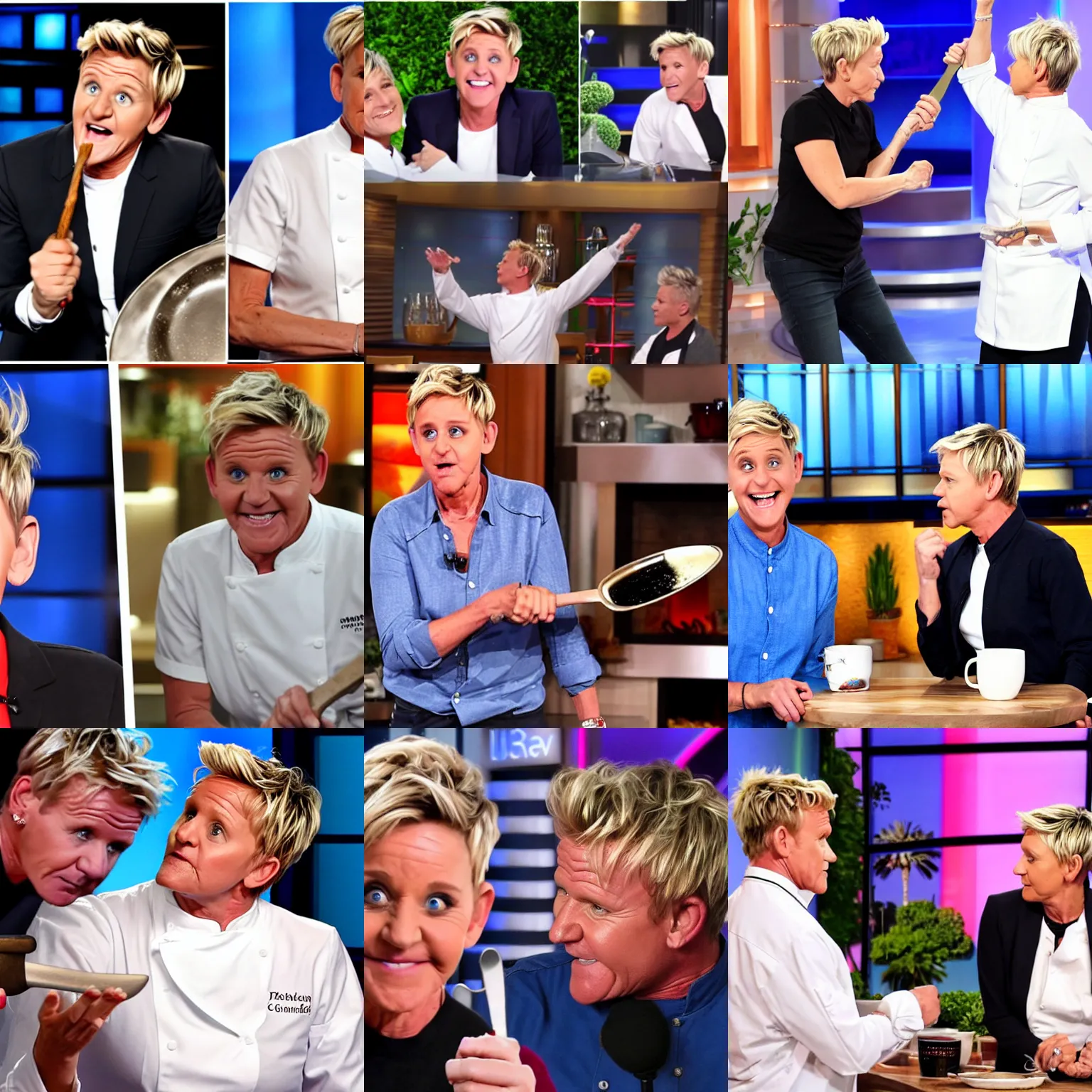 Prompt: Ellen DeGeneres hitting Gordon Ramsay with a frying pan, photo, picture, TMZ, realistic, cohesive