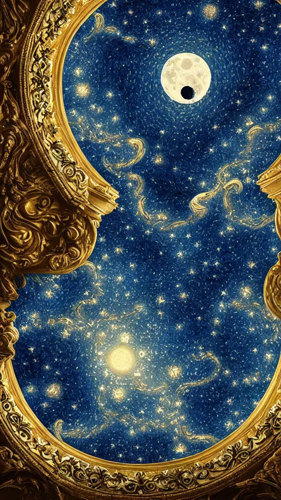 Image similar to sky in a starry night with glowing meteor showers, ascension of a woman decomposing and dissolving into moon, dark - blue black gold beige saturated, ornate baroque rococo art nouveau intricate detail, 3 d specular lighting, cinematic, blur