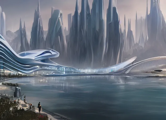 Image similar to a futuristic city surrounded by water and mountains, a detailed matte painting by Zaha Hadid, trending on cgsociety, retrofuturism, matte painting, concept art, artstation