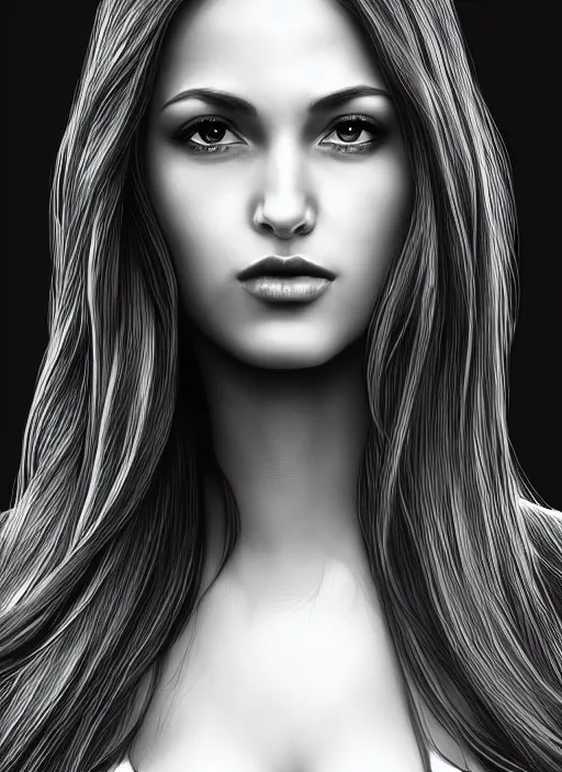 Image similar to full body portrait of a beautiful woman in black and white, photorealistic, hair down to waist, art by diego fazio and diegoKoi and artgerm, concept art, hyper sharp focus, 8k highly detailed