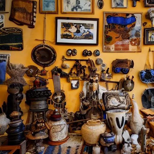 Image similar to a wide angle view of an ethnographic collection of objects on display, poetical, dream, unconscious, alternative world, fujifilm x - h 2 s, photography