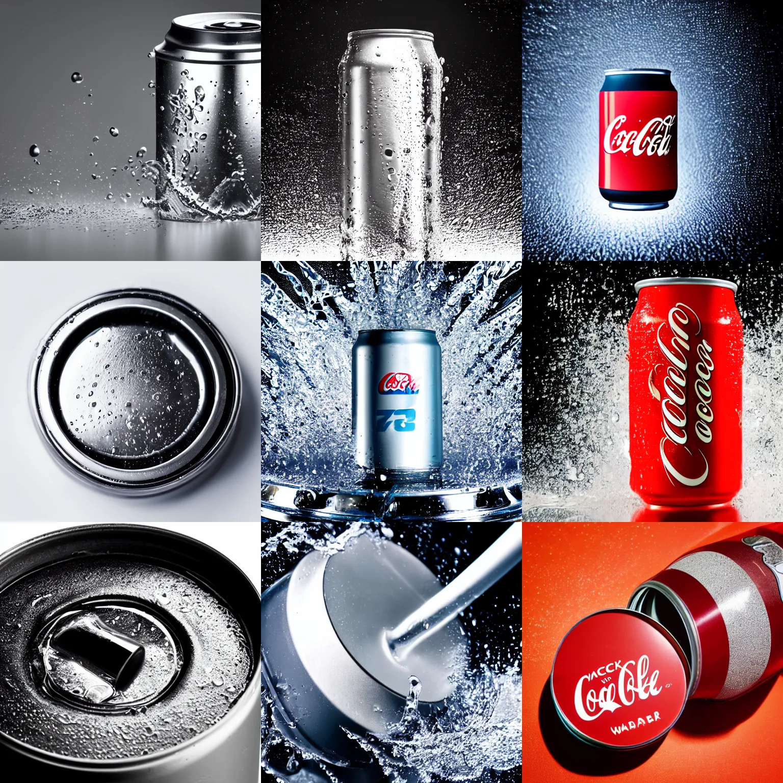 Prompt: futuristic can of coke ( desgined by apple ) in a splash of water, studio photo, studio lights, macro shot