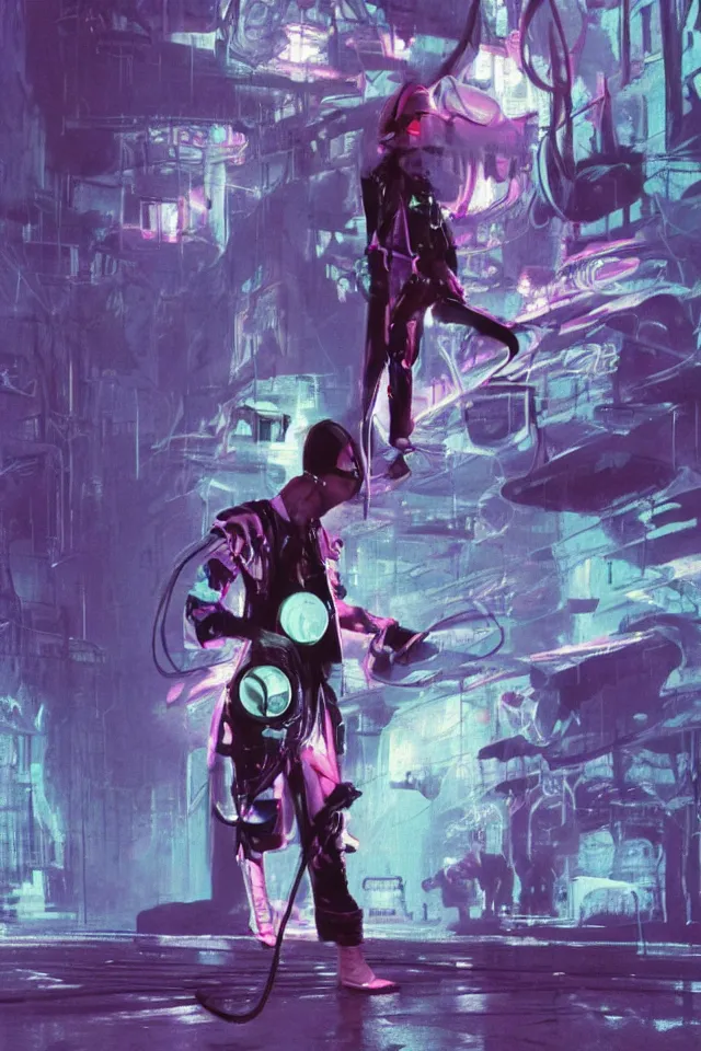 Image similar to concept art, ninja rocker in a tunic made of iridiscent fabric, radio goggles, iridiscent, cinematic lighting at night, iridiscent light, wet floors, neon, indoor, japanese villa syd mead, tim walker, masterpiece, fashion design