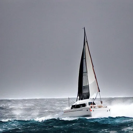 Prompt: catamaran sailboat in rough seas. dark storm.