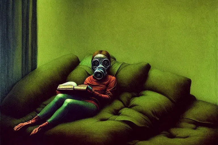 Image similar to hyperrealistic girl wearing a gas mask lying on the sofa reading a book in her room, in the style of beksinski, solarpunk, exact anatomy, atmospheric, clean, intricate and epic composition, green by caravaggio, insanely quality, highly detailed, masterpiece, blue light, artstation, 4 k