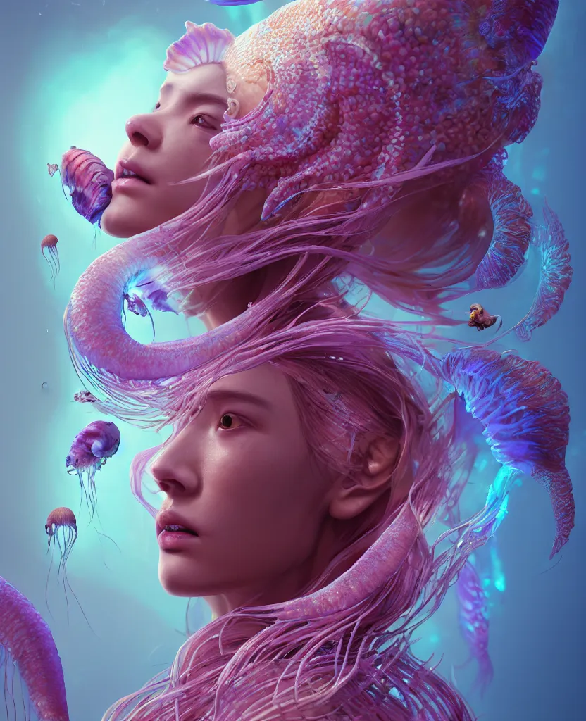 Image similar to goddess close-up portrait ribcagel. jellyfish phoenix head, nautilus, orchid, skull, betta fish, bioluminiscent creatures, intricate artwork by Tooth Wu and wlop and beeple. octane render, trending on artstation, greg rutkowski very coherent symmetrical artwork. cinematic, hyper realism, high detail, octane render, 8k