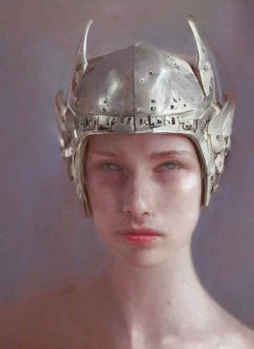 Prompt: medieval helm!!!!!!!, out of focus!!!!!!! photorealistic portrait of a beautiful pale woman by saul leiter, very blurry!!!!!!, translucent white skin, closed eyes, foggy, pale lips