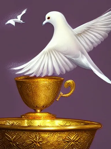 Prompt: a white dove holding a host in a golden cup fountain. intricate, elegant, highly detailed, digital painting, artstation, concept art, sharp focus, illustration, by justin gerard and artgerm, 8 k