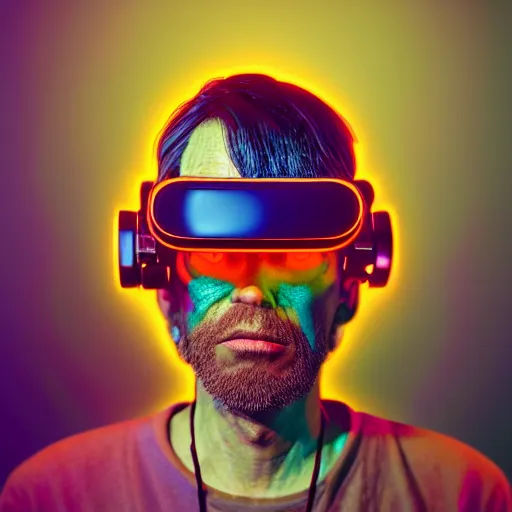 Image similar to Colour Photography of 1000 years old man with highly detailed 1000 years old face wearing higly detailed cyberpunk VR Headset designed by Josan Gonzalez . in style of Josan Gonzalez and Johannes Vermeer and Mike Winkelmann and Caspar David Friedrich. Rendered in Blender