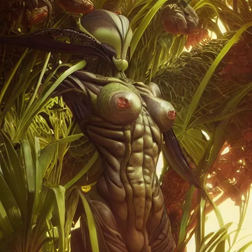 Image similar to a xenomorph made of plants, art by artgerm and greg rutkowski and alphonse mucha, concept art, octane render, unreal engine 5, highly detailed, high quality, 8 k, soft lighting, realistic face, path traced