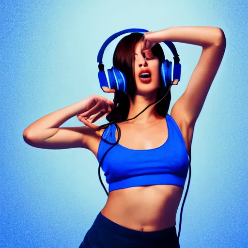 Prompt: dripping electrical blue paint across the shape of a female human body dancing and listening to music with headphones, crop top, beautiful face, realistic , high detail, on a clear white background