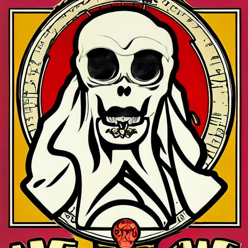 Image similar to ape monkey portrait skull bones in the style of Alphonse Mucha pop art