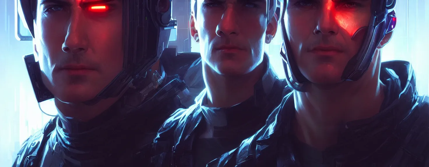 Image similar to Hacker cyberpunk man portrait, highly detailed, digital painting, artstation, concept art, smooth, sharp focus, illustration, art by artgerm and greg rutkowski and alphonse mucha