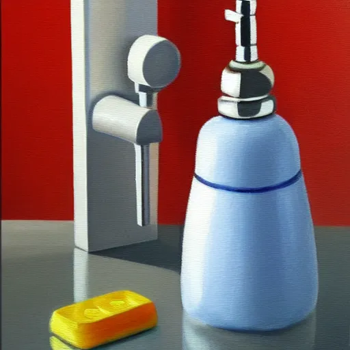 Image similar to a colorful painting of a faucet and soap dispenser, an airbrush painting by janet fish trending on artstation, ( ( ( hyper realism ) ) ), oil on canvas, detailed painting