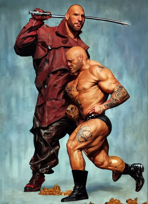 Prompt: full body and head portrait of martyn ford wearing a trench coat vs dave bautista as juggernaut, painted by norman rockwell and phil hale and greg staples and tom lovell and frank schoonover and jack kirby