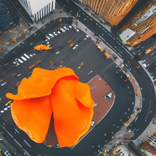 Image similar to gigantic baby wearing orange peel as a hat stands menacingly in the middle of a city, drone shot