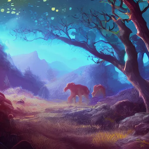 Prompt: beautiful lush natural scene on another planet, with creatures. different than earth but beautiful. lightfall. beautiful detailed digital painting. trending on artstation and deviantart.