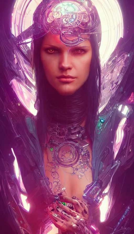 Image similar to cyberpunk angry gorgeous warlock, neon, fibonacci, sweat drops, insane, intricate, highly detailed, digital painting, artstation, concept art, smooth, sharp focus, illustration, Unreal Engine 5, 8K, art by artgerm and greg rutkowski and alphonse mucha