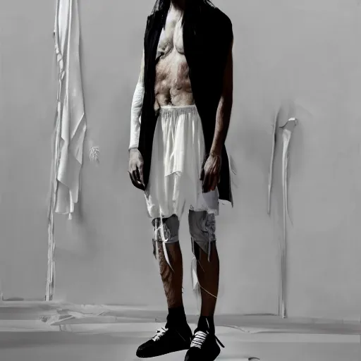 Image similar to a full body lookbook portrait of modern - day jesus wearing virgil abloh off - white menswear and sneaker collection by nicola samori, detailed, realistic oil painting, hyper - realistic, 8 k, off - white collection