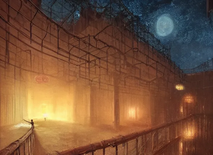 Image similar to a chinese prison at night lit by the stars, wispy smoke, highly detailed face, very intricate, symmetrical, cinematic lighting, award - winning, painted by mandy jurgens, peter doig, dystopian, bold colors, dark vibes, featured on artstation