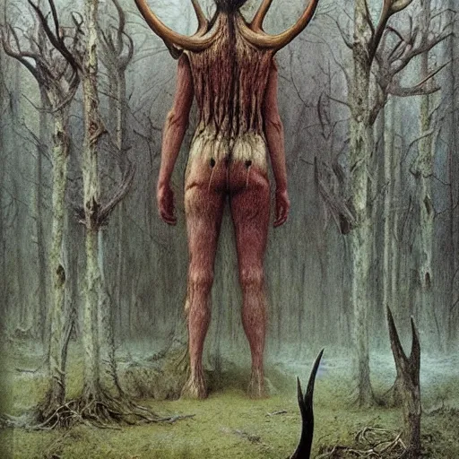 Image similar to forest god walking in the swamp, antlers and flesh exposed, giant horns, resembling deer, highly detailed beksinski art