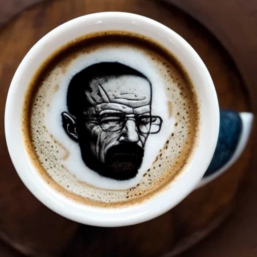 Prompt: walter white latte art in a cup of coffee, highly detailed