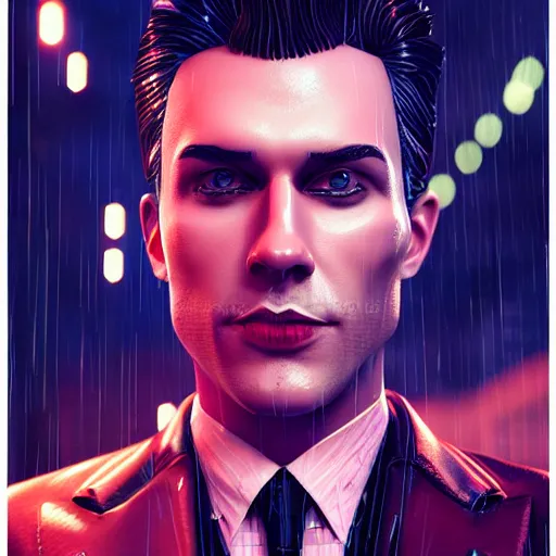 Prompt: stylish cartoon portrait made out of rain, pinstripe suit, cyberpunk background, rendered in octane, unreal engine, highly detailed, trending on artstation, realistic, neon, beautiful, volumetric lighting, depth of field