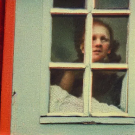 Prompt: zoomed cropped closeup of unexpected voyeuristic eye contact with neighbor in window, technicolor, telephoto lens, vintage photograph