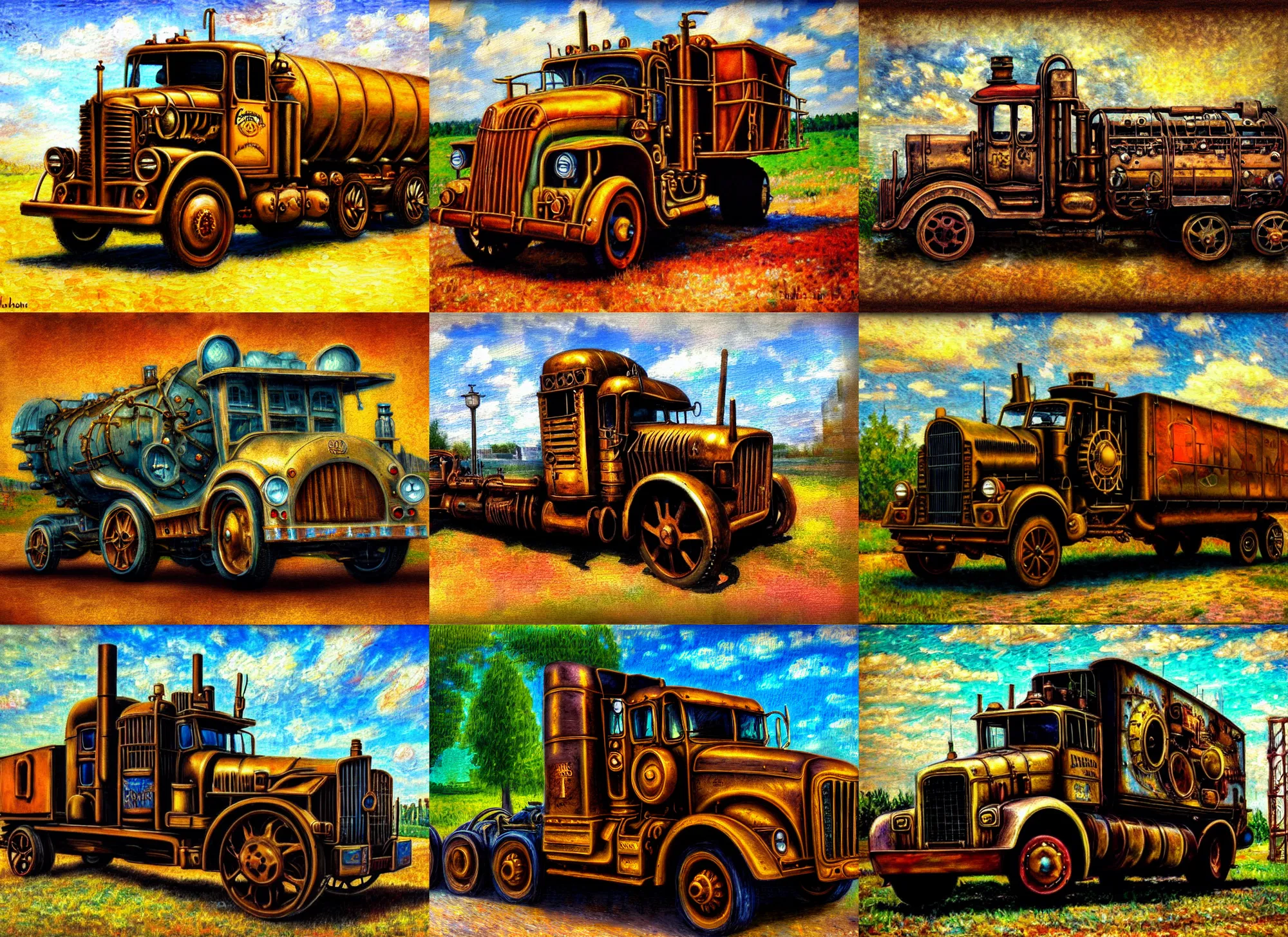 Prompt: impressionism painting of a steampunk truck