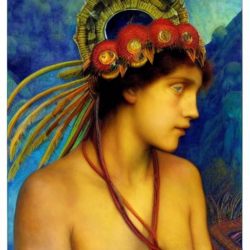 Prompt: child of the lost city of the sun, by Annie Swynnerton and Diego Rivera and Tino Rodriguez and Maxfield Parrish, elaborate headdress, iridescent beetles, rich color, dramatic cinematic lighting, extremely detailed