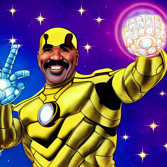 Image similar to Dynamic detailed artistic illustration of Steve Harvey doing a hero pose while Wearing the infinity gauntlet with all six stones glowing menacingly while Steve Harvey looks towards the viewer