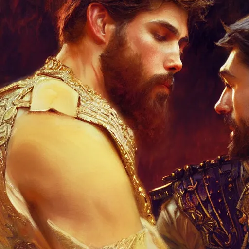 Image similar to attractive fully clothed king confesses his love for his attractive fully clothed male prince. highly detailed painting by gaston bussiere, craig mullins, j. c. leyendecker 8 k