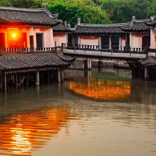 Image similar to peaceful ancient water town in the south of china, zhouzhuang ancient town, sunset glow, movie style