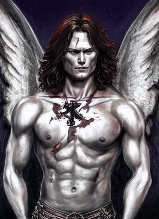 Image similar to beautiful! Sam Winchester as a muscular angel with a big cross pendant and religious and magic tattoos on chest and neck, big Angel wings wide open, stained and bleeding, D&D!, fantasy style, sharp focus!, ultra detailed, art by Artgerm and Peter Andrew Jones, WLUP