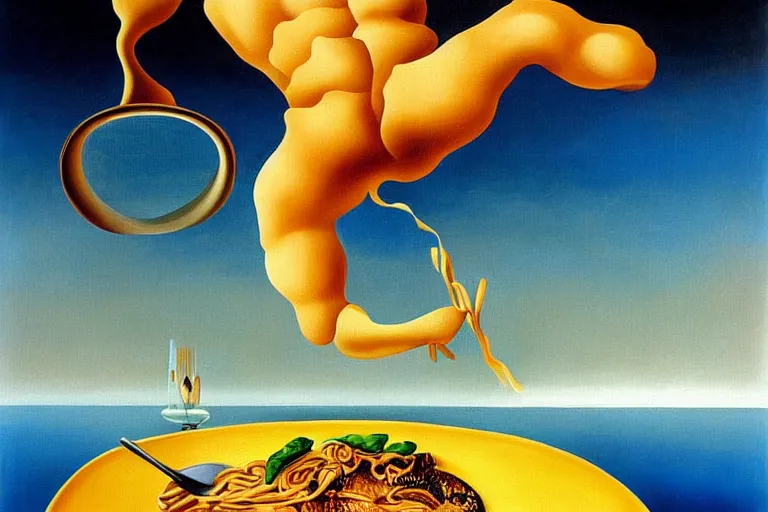 Image similar to olympic diver diving into a dish of pasta, detailed surrealist painting by salvador dali