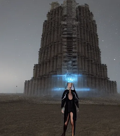 Image similar to tarkovsky greatest scene, the ancient destroyed majestic tower of babylon, a woman near the camera in futuristic cyber clothing, transparent puffer jacket, hyper realistic, blockchain, virtual self, ambient lighting, concept art, intricate, hyper - detailed, smooth, dynamic volumetric lighting, unreal engine 5, ray trace, cinematic, high quality, high resolution, 4 k, cgsociety