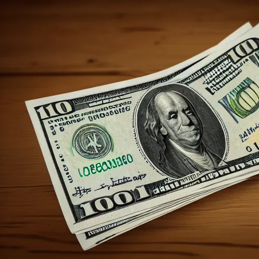 Image similar to a large stack of $ 1 0 0 bills with a money band around it sitting on a wooden table, 8 k, photorealistic, hyper realism, cinematic, movie still, octane render,