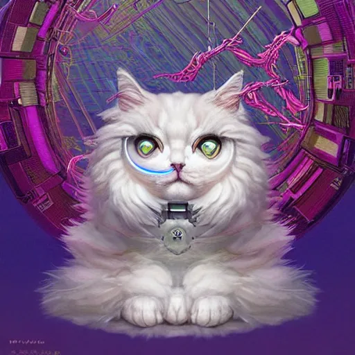 Prompt: a fluffy cat cyberpunk robot fractal:: by Martine Johanna and Simon Stålenhag and Chie Yoshii and Casey Weldon and Guillermo del toro :: ornate, dynamic, particulate, pastel colors, intricate, elegant, highly detailed, centered, artstation, smooth, sharp focus, octane render, 3d