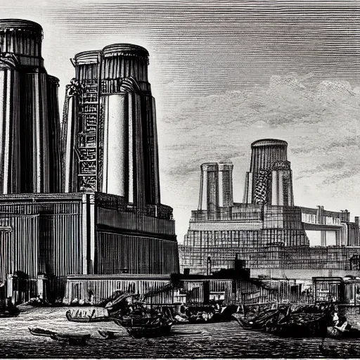 Prompt: A detailed engraving of a battersea power station in the style of piranesi