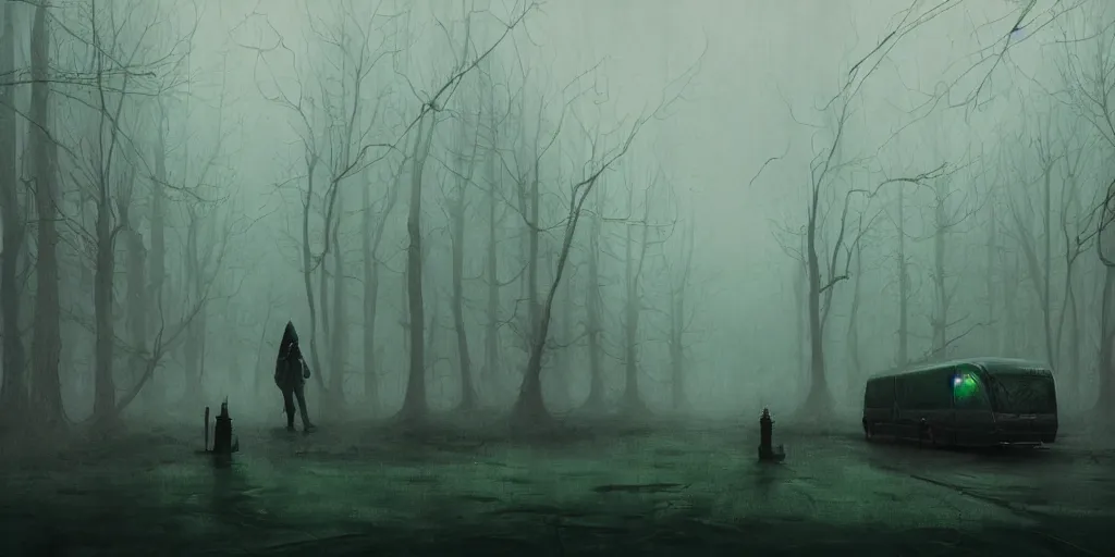 Image similar to guy wearing dark green hoodie sitting at bus stop, dark tv show style, foggy, movie still, spooky, epic scene, surrealism, art by peter mohrbacher, tsutomu nihei, h. r. giger and zdzisław beksinski, 4 k, realistic