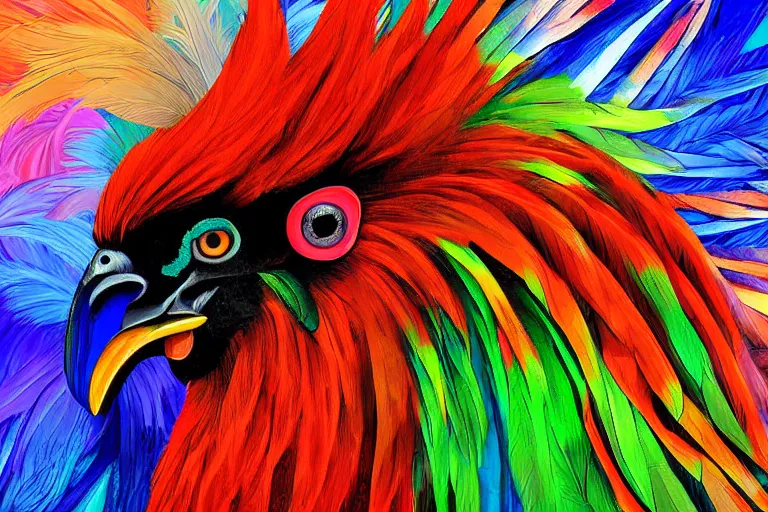 Image similar to digital painting of an ominous rooster with feathers of many colors, by javier medellin puyou and tim lord, portrait, sharp focus, colored feathers, jungle